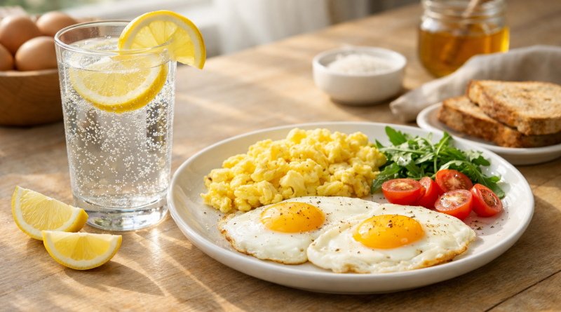 Petit déjeuner composé d’un verre d’eau citronnée pétillante accompagné d’œufs servis simplement sur une table lumineuse.