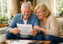 Couple de retraités assis dans un salon lumineux examinant un document fiscal avec un sourire de soulagement