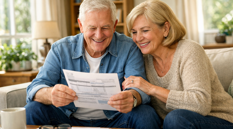 Couple de retraités assis dans un salon lumineux examinant un document fiscal avec un sourire de soulagement