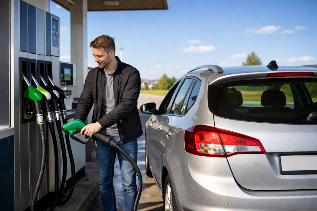 Conducteur faisant le plein de carburant dans une station-service située en périphérie, avec un véhicule garé à la pompe et un pistolet d’essence en main.