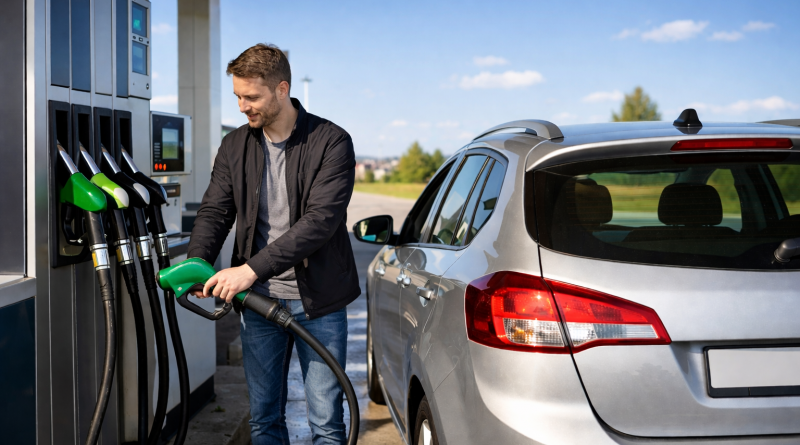Conducteur faisant le plein de carburant dans une station-service située en périphérie, avec un véhicule garé à la pompe et un pistolet d’essence en main.