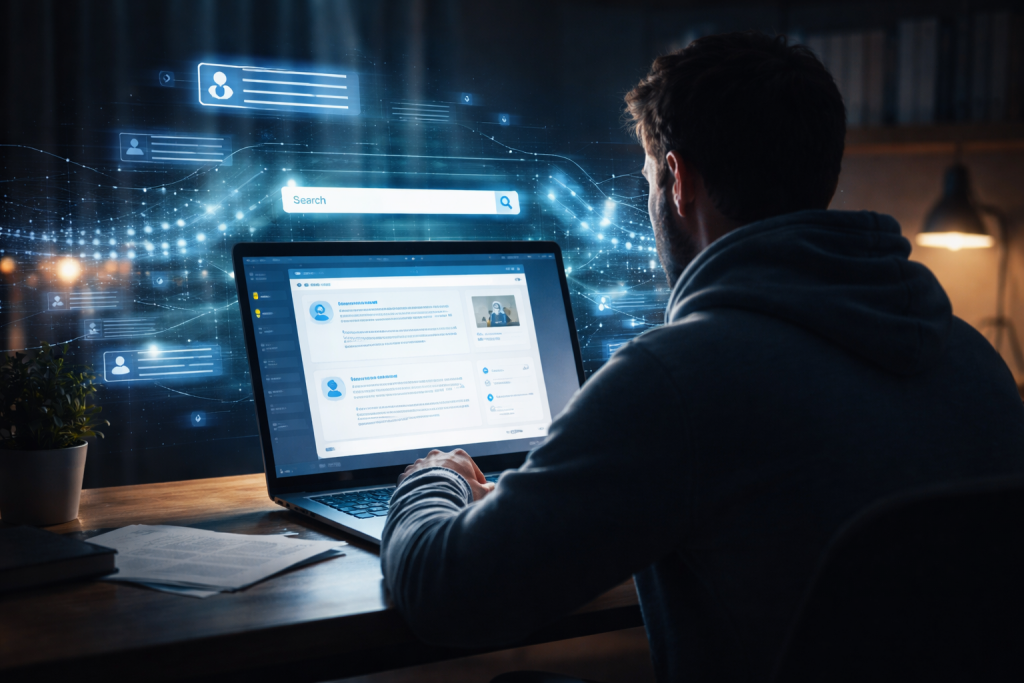 Personne consultant un moteur de recherche sur un écran d’ordinateur, entourée d’interfaces numériques suggérant l’intelligence artificielle et la transformation des usages en ligne.