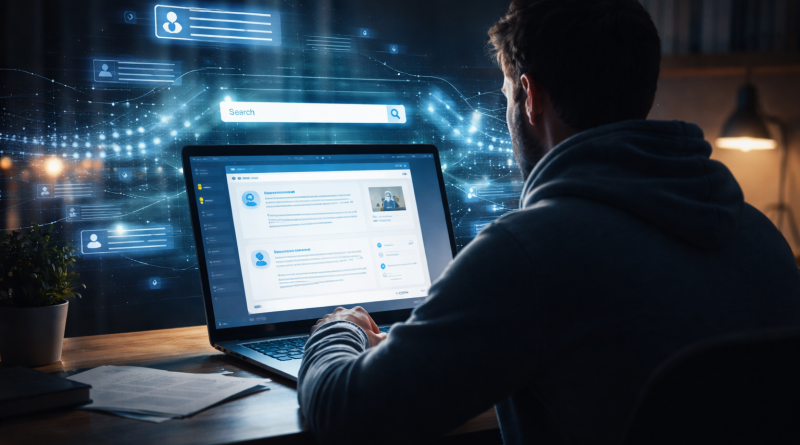 Personne consultant un moteur de recherche sur un écran d’ordinateur, entourée d’interfaces numériques suggérant l’intelligence artificielle et la transformation des usages en ligne.