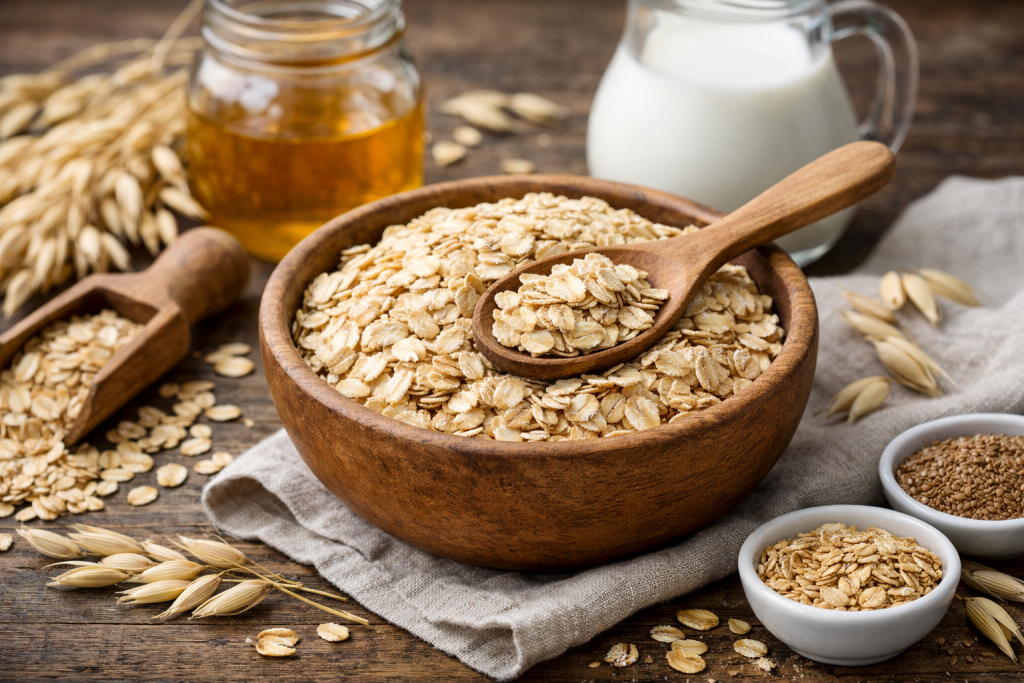 bol de flocons d’avoine posé sur une table en bois