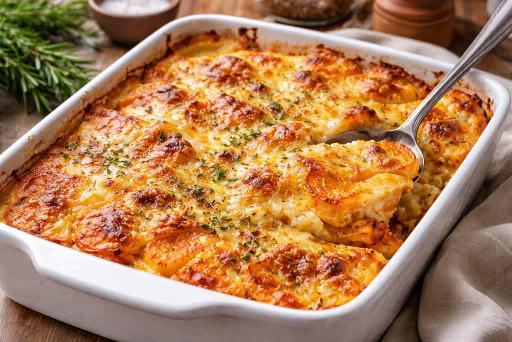plat de gratin doré aux fines herbes dans un grand plat rectangulaire.