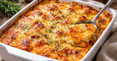 plat de gratin doré aux fines herbes dans un grand plat rectangulaire.