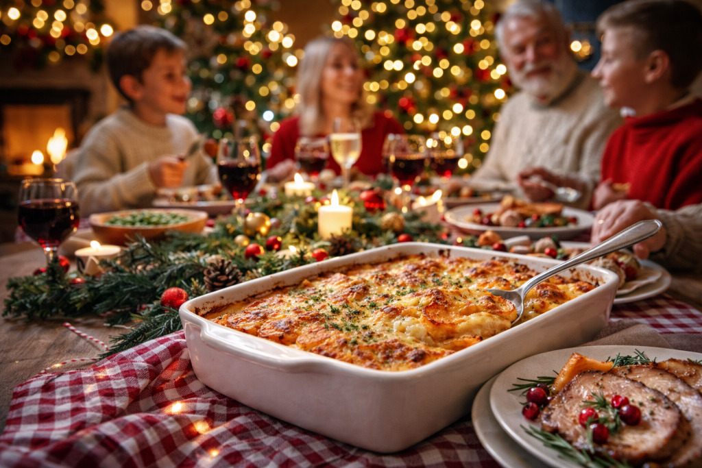 gratin doré servi sur une table de noël familiale avec viande rôtie et décorations festives dans une maison chaleureuse