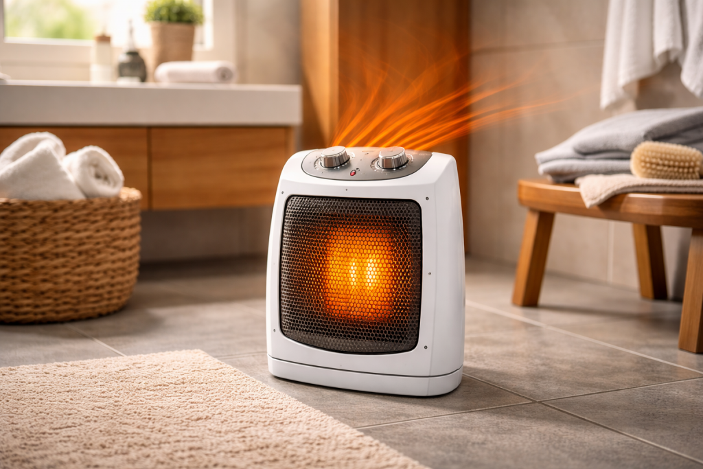Chauffage d’appoint électrique soufflant posé au sol dans une salle de bain moderne, diffusant de la chaleur.