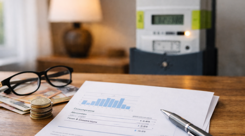Facture d’électricité posée sur une table en bois, accompagnée de pièces de monnaie et d’un compteur électrique flouté en arrière-plan, illustrant une hausse des coûts énergétiques pour les foyers.