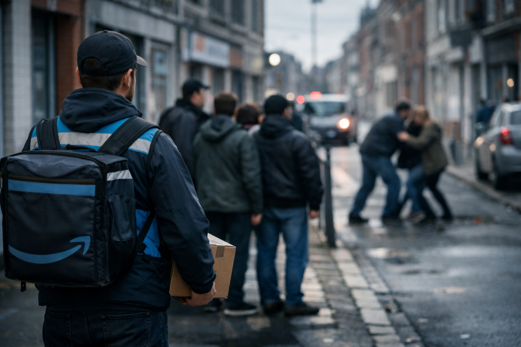 Scène de rue urbaine en France, avec un livreur portant un colis debout à distance, tandis que des passants observent une situation tendue sans intervenir.