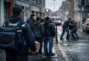 Scène de rue urbaine en France, avec un livreur portant un colis debout à distance, tandis que des passants observent une situation tendue sans intervenir.