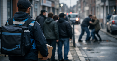 Scène de rue urbaine en France, avec un livreur portant un colis debout à distance, tandis que des passants observent une situation tendue sans intervenir.