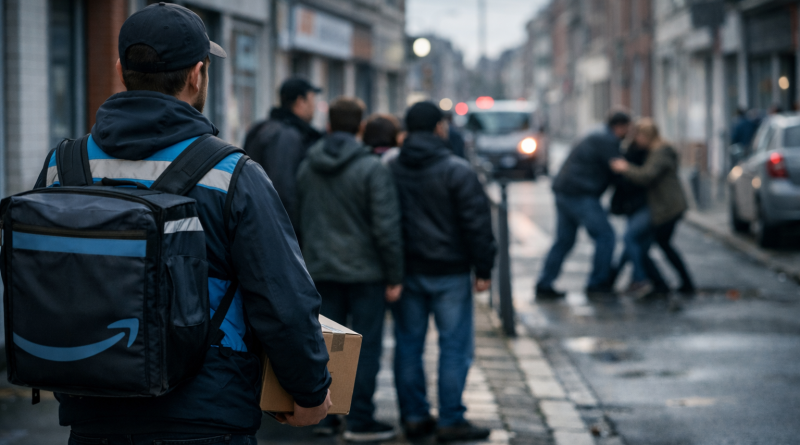 Scène de rue urbaine en France, avec un livreur portant un colis debout à distance, tandis que des passants observent une situation tendue sans intervenir.