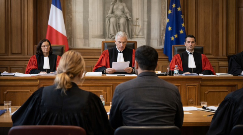 Salle d’audience française avec des juges en robe examinant un dossier lors d’un jugement administratif.