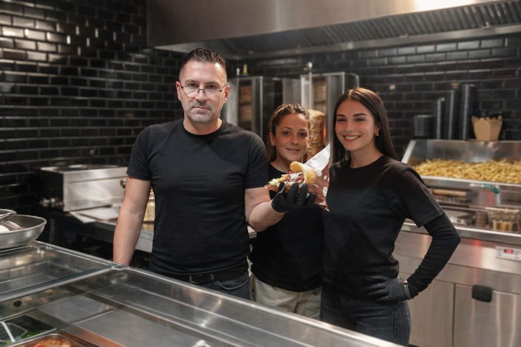 Équipe de restauration rapide présentant un kebab artisanal préparé sur place dans une cuisine professionnelle moderne.