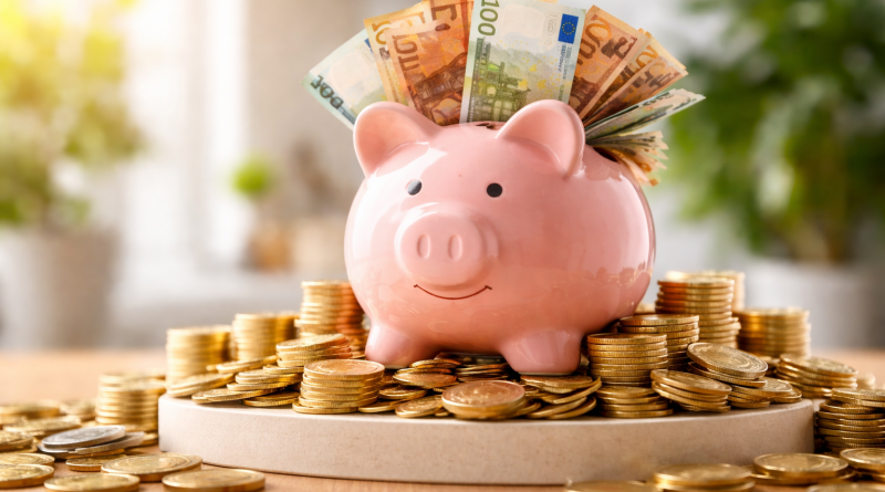 Tirelire rose débordant de billets et entourée de pièces, symbolisant une épargne qui continue de croître.