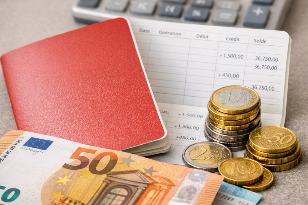 livret d’épargne rouge posé à côté de pièces et billets en euros sur une table financière