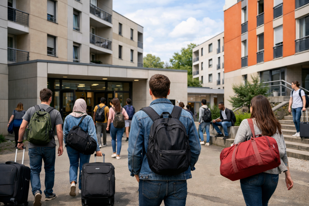 Étudiants arrivant avec des valises devant une résidence universitaire moderne, illustrant la tension sur l’accès au logement étudiant.