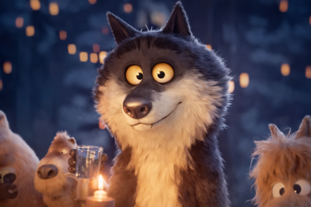 Loup animé au regard attendrissant éclairé par des bougies dans une ambiance nocturne chaleureuse