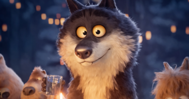 Loup animé au regard attendrissant éclairé par des bougies dans une ambiance nocturne chaleureuse