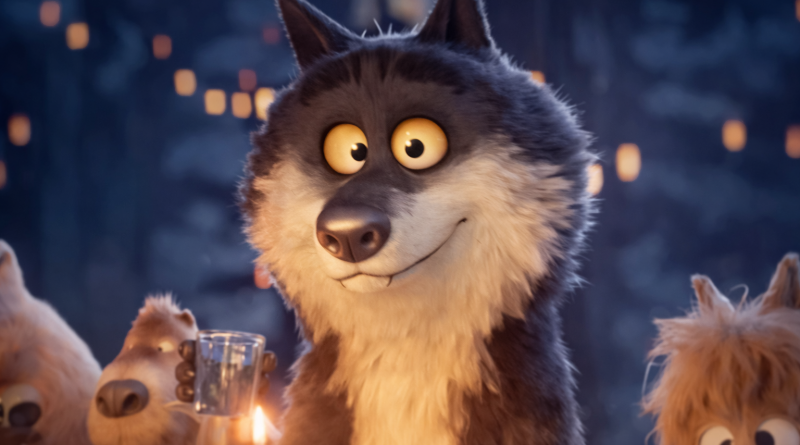 Loup animé au regard attendrissant éclairé par des bougies dans une ambiance nocturne chaleureuse