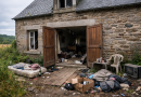Maison rurale occupée illégalement, portes ouvertes, intérieur dégradé avec objets abandonnés et traces d’occupation prolongée.
