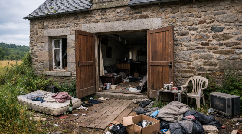 Maison rurale occupée illégalement, portes ouvertes, intérieur dégradé avec objets abandonnés et traces d’occupation prolongée.