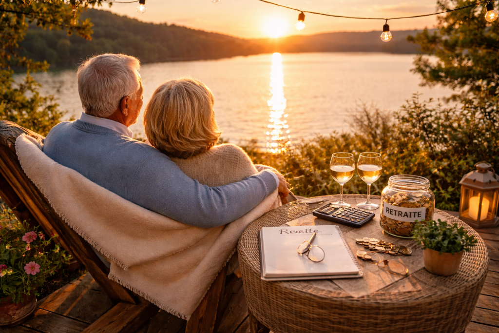 Couple de seniors assis sur un banc face à un lac au coucher du soleil, partageant un moment calme dans un cadre naturel apaisant.