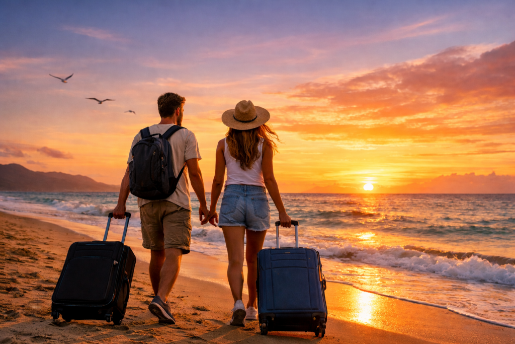 jeune couple marchant au bord d’une plage au coucher du soleil, valise à la main, exprimant liberté et pause professionnelle