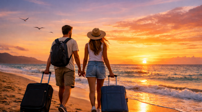 jeune couple marchant au bord d’une plage au coucher du soleil, valise à la main, exprimant liberté et pause professionnelle
