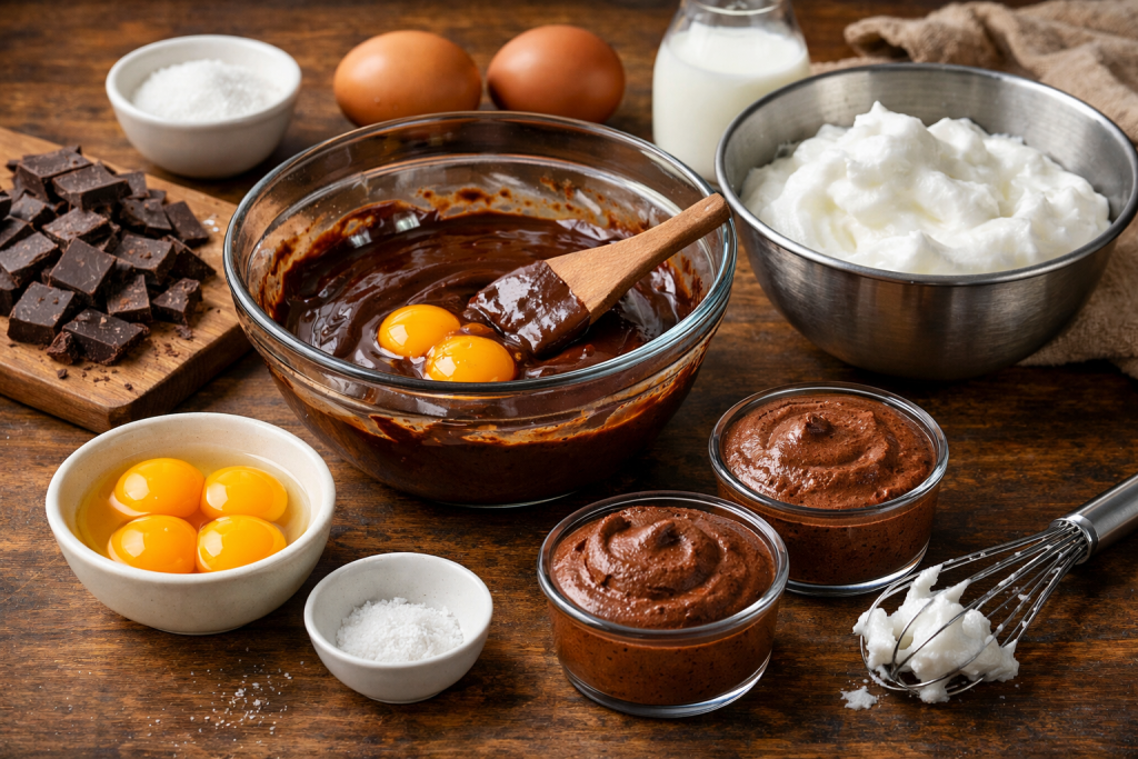 Ingrédients bruts et préparation d’un dessert au chocolat, avec œufs, chocolat fondu, sucre et crème montée, disposés sur une table en bois.