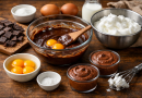 Ingrédients bruts et préparation d’un dessert au chocolat, avec œufs, chocolat fondu, sucre et crème montée, disposés sur une table en bois.