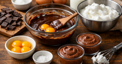 Ingrédients bruts et préparation d’un dessert au chocolat, avec œufs, chocolat fondu, sucre et crème montée, disposés sur une table en bois.