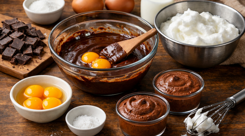 Ingrédients bruts et préparation d’un dessert au chocolat, avec œufs, chocolat fondu, sucre et crème montée, disposés sur une table en bois.