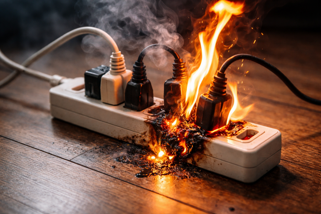 Multiprise électrique en train de brûler, flammes visibles autour des prises, fumée épaisse et plastique fondu.