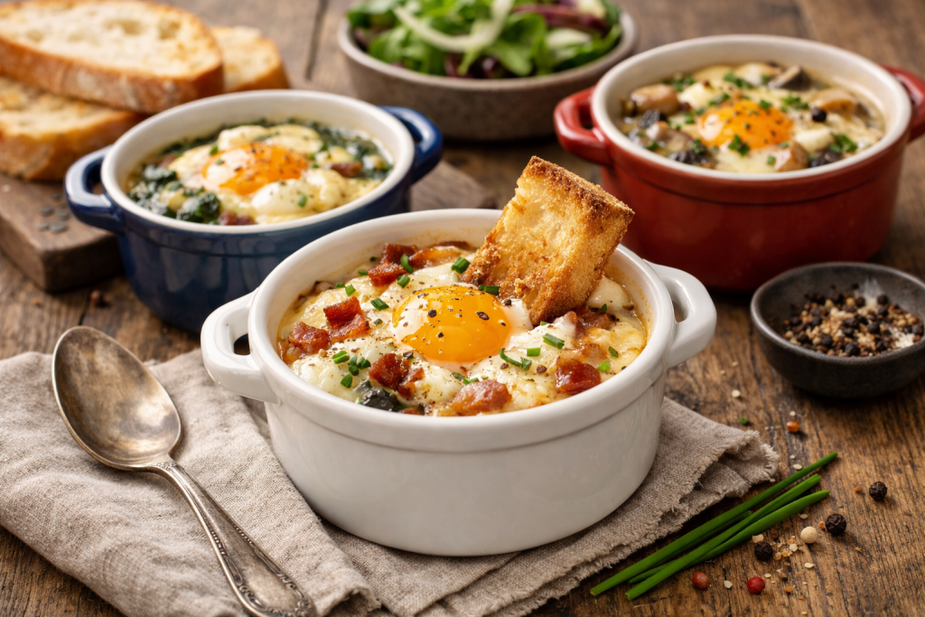 Plat chaud d’œuf cocotte crémeux servi dans un ramequin pour un dîner du dimanche soir