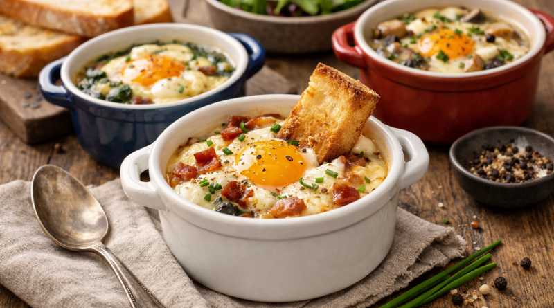 Plat chaud d’œuf cocotte crémeux servi dans un ramequin pour un dîner du dimanche soir
