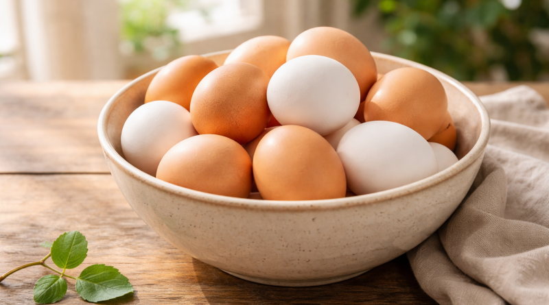 œufs frais dans un bol sur une table en bois