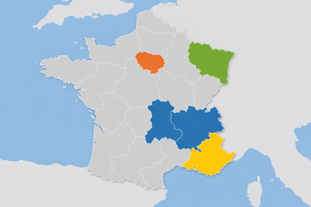Carte de la France métropolitaine montrant quatre régions mises en couleur distincte afin d’illustrer une concentration démographique plus marquée par rapport au reste du territoire.