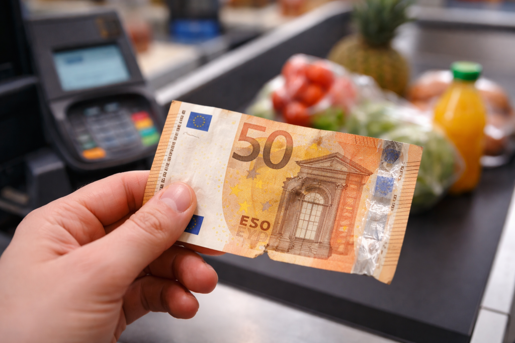 Billet de banque en euros visiblement abîmé, légèrement déchiré et froissé, tenu dans une main devant une caisse de supermarché.
