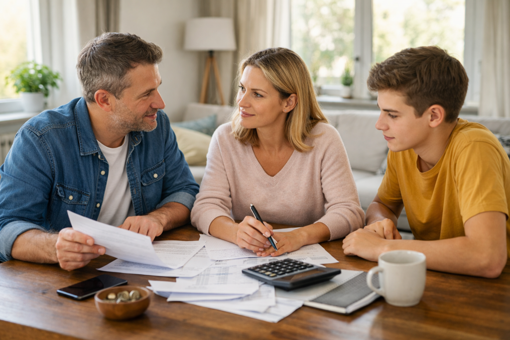 Famille assise autour d’une table analysant des documents financiers avec une calculatrice, dans un intérieur lumineux.