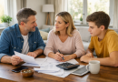 Famille assise autour d’une table analysant des documents financiers avec une calculatrice, dans un intérieur lumineux.