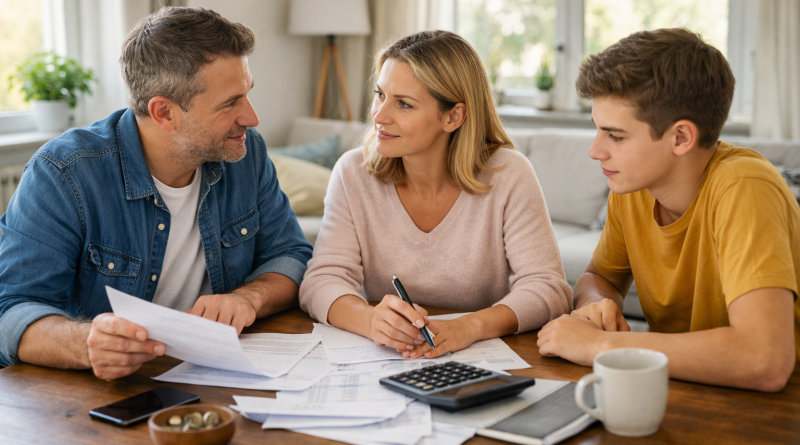 Famille assise autour d’une table analysant des documents financiers avec une calculatrice, dans un intérieur lumineux.