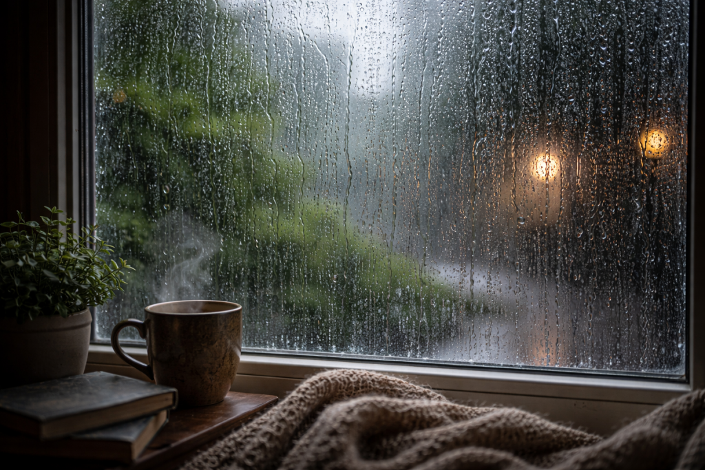 Pluie torrentielle frappant une vitre en gros plan, gouttes d’eau ruisselant intensément sur une fenêtre lors d’un épisode pluvieux.