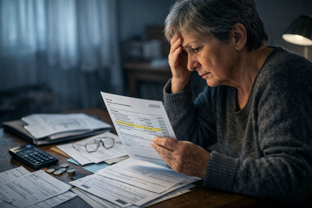 Personne âgée assise à une table, tenant un relevé bancaire et des documents administratifs, visage marqué par l’inquiétude, ambiance sombre et silencieuse illustrant une perte d’argent incomprise.