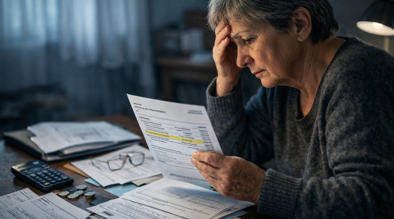 Personne âgée assise à une table, tenant un relevé bancaire et des documents administratifs, visage marqué par l’inquiétude, ambiance sombre et silencieuse illustrant une perte d’argent incomprise.