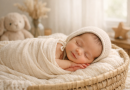 Nouveau-né endormi, emmailloté dans une couverture claire, allongé dans un panier en osier dans une ambiance douce et lumineuse.