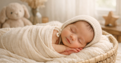 Nouveau-né endormi, emmailloté dans une couverture claire, allongé dans un panier en osier dans une ambiance douce et lumineuse.