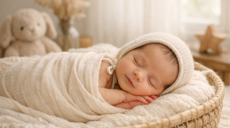 Nouveau-né endormi, emmailloté dans une couverture claire, allongé dans un panier en osier dans une ambiance douce et lumineuse.