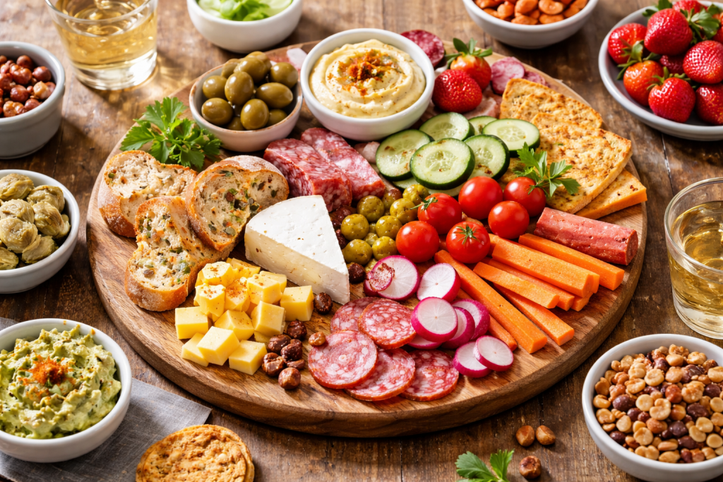assiette improvisée avec pain, légumes et fromage sur une table simple